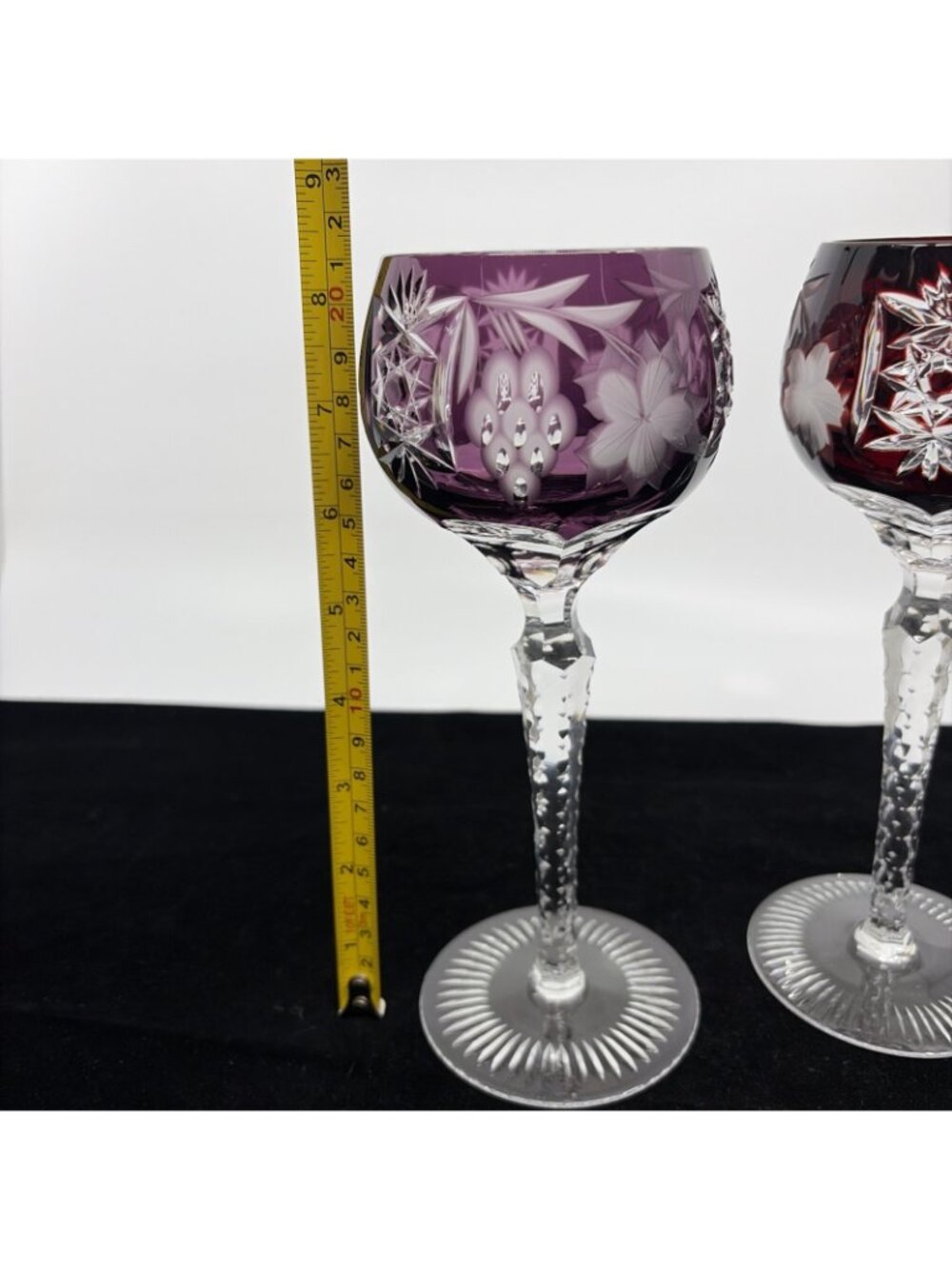 2 Ajka Marsala Tall Hock Wine Glasses Cut to Clear Ruby Red Amethyst 8" Vintage - Picture 8 of 8